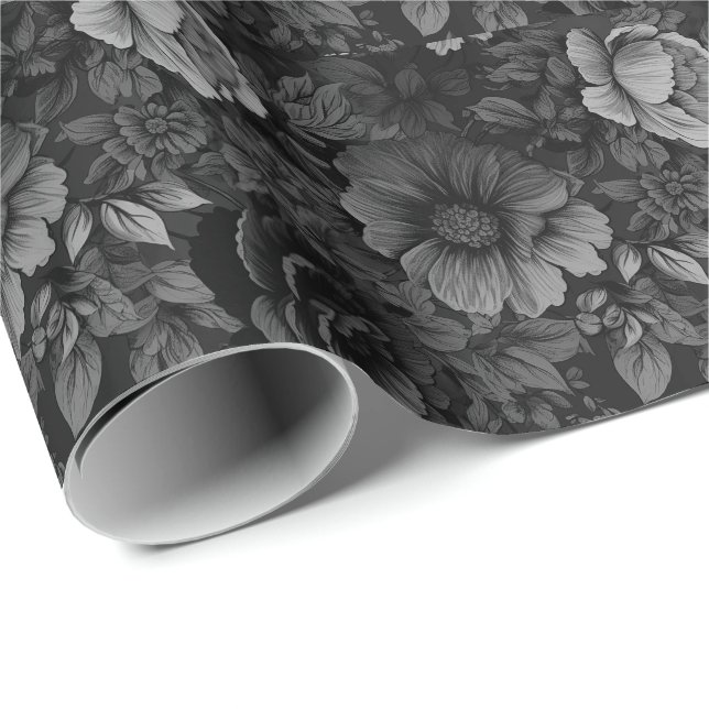 Papel De Presente Tons Atenuados de Floral Cinza (Ponta do rolo)