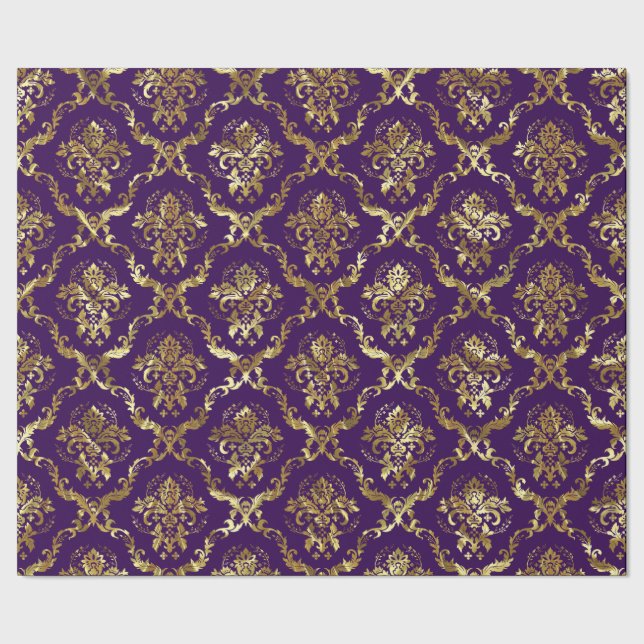 Papel De Presente Tons de Prata Padrão Floral Fundo Roxo (Barra)