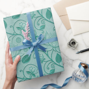 Papel De Presente Tons Verde Pastel Flor de Lótus com Efeito Repuxad