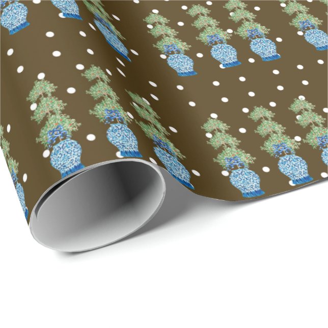 Papel De Presente Tópico Laranja Castanho Azul Chinoiserie (Ponta do rolo)