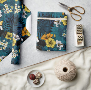 Papel De Presente Toques e flora tropical, azul, amarelo, laranja