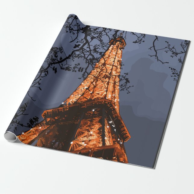 Papel De Presente Torre Eiffel Cênica Paris França à Noite Majestosa (Desenrolado)