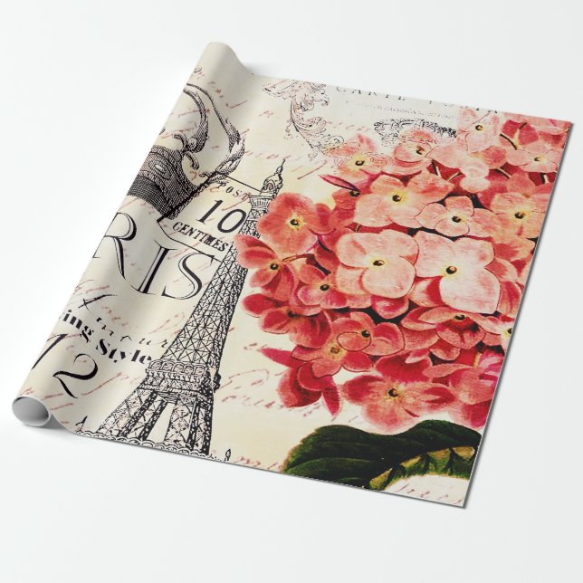 Papel De Presente Torre Eiffel e hydrangea (Desenrolado)