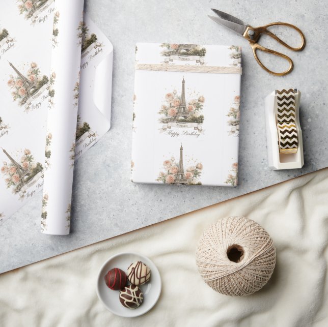 Papel De Presente Torre Eiffel "Parabéns" com nome personalizado (Artesanato)