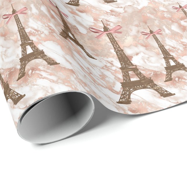 Papel De Presente Torre Eiffel Personalizada Branco, Rosa Dourado Ma (Ponta do rolo)
