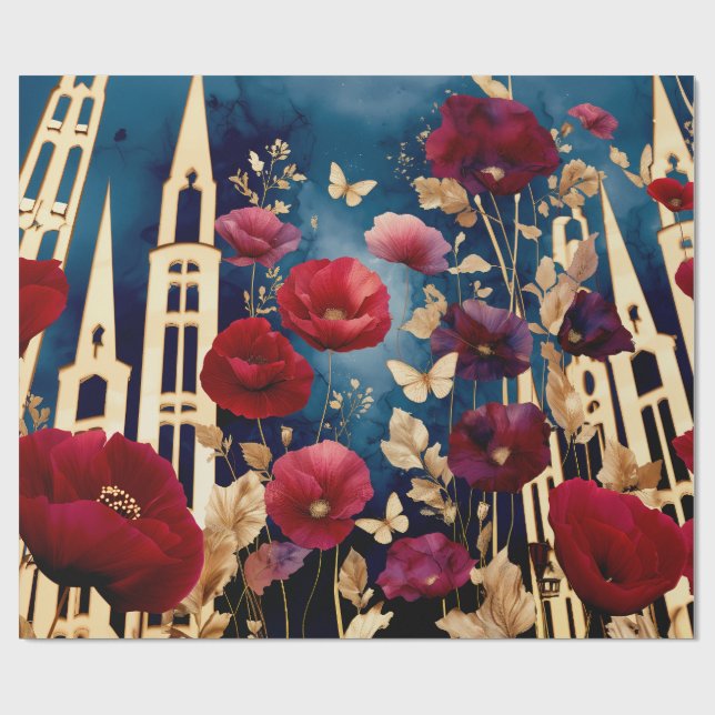 Papel De Presente Torres Douradas e Flores Carmesim (Aberto)