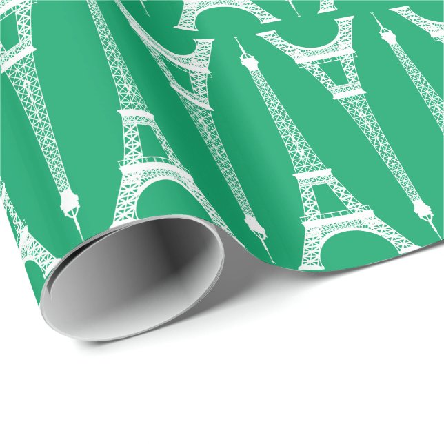 Papel De Presente Torres Eiffel Brancas de Seis Polegadas em Verde T (Ponta do rolo)