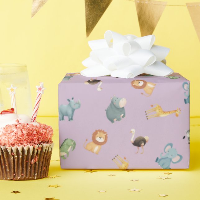 Papel De Presente Tossed African Animals on Lavender (Festa de aniversário)