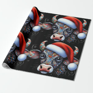 Papel De Presente Touro de Vaca de Natal com Santa Hat Arte Foliar M