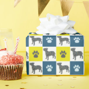 Papel De Presente Touro Inglês Cachorro e Pata Amarelo e Azul Grade