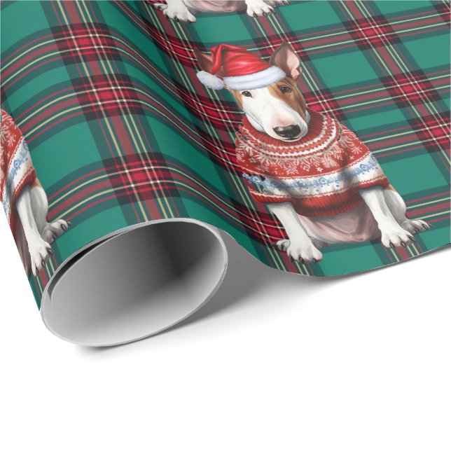 Papel De Presente Touro Terrier Cão Fresco Feriado Xadrez Natal (Ponta do rolo)
