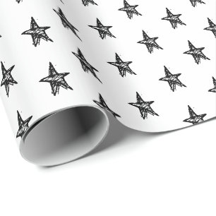 Papel De Presente Traçado branco preto e branco Estrelas desenhadas