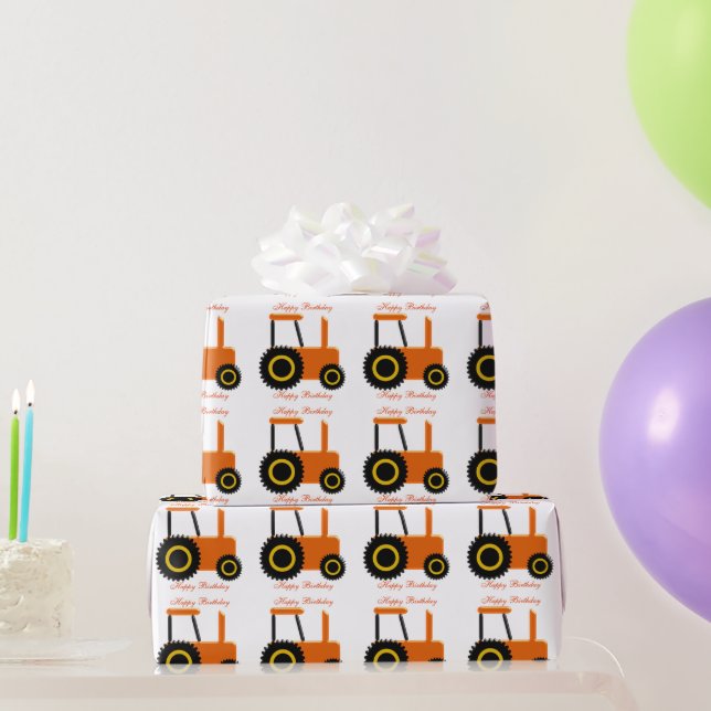 Papel De Presente Tractor Laranja de Aniversário (Presentes para festas)