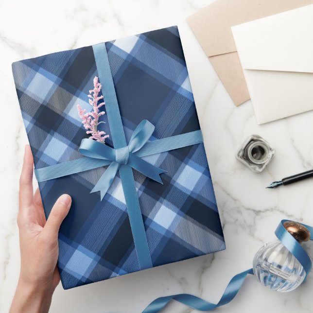 Papel De Presente Traditional Blue Navy Check Sky Plaid Pattern (Presentear)