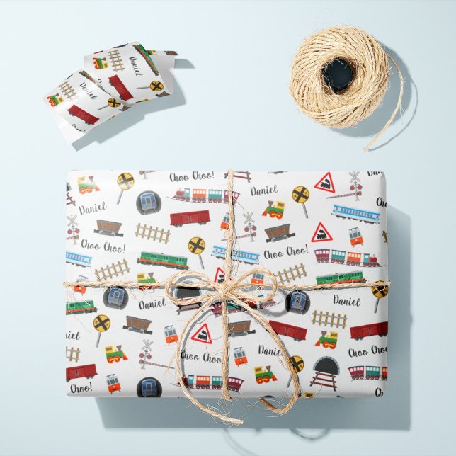 Papel De Presente Train Pattern Little Boy First Name Choo Choo Kids (Criador carregado)