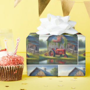 Papel De Presente Trator de Fazenda Vermelha com celeiro Patriótico