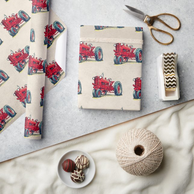 Papel De Presente Trator de Fazenda Vermelho Retroativo (Artesanato)