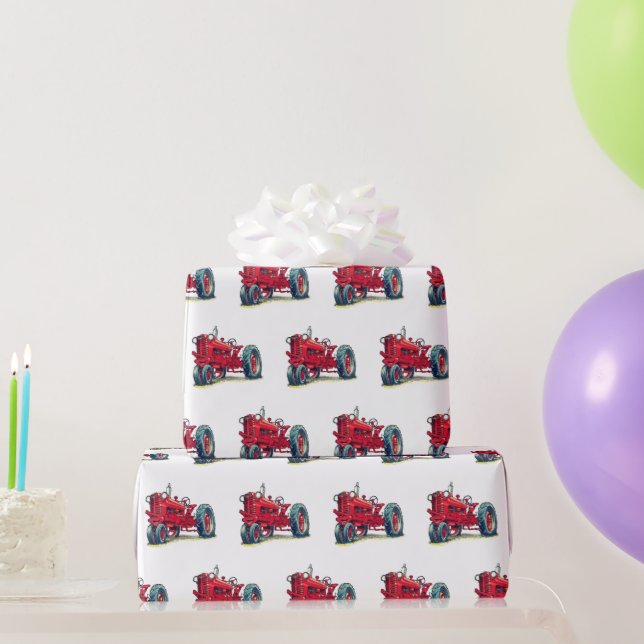 Papel De Presente Trator de Fazenda Vermelho Retroativo em Branco (Presentes para festas)