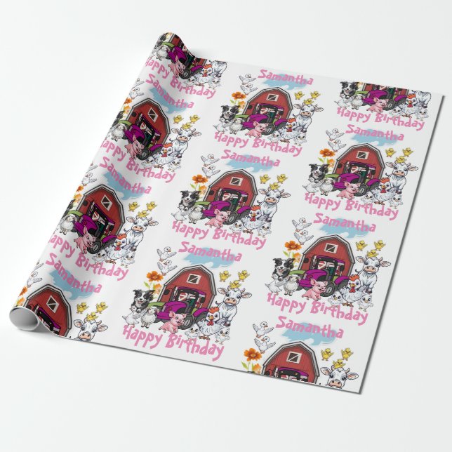 Papel De Presente Trator Rosa Animais de Fazenda Adoráveis Presente  (Desenrolado)