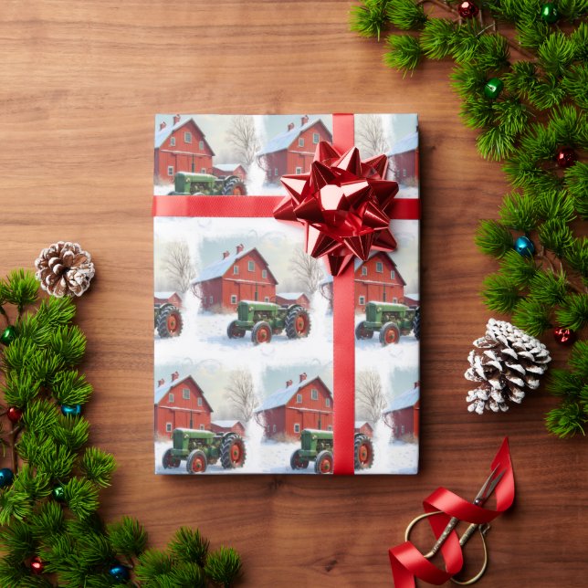 Papel De Presente Trator verde da Fazenda Natal e Celeiro Vermelho (Presente de Natal)