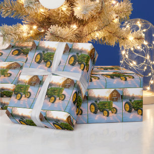 Papel De Presente Trator Vintage Verde Natal Com Celeiro Vermelho