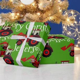 Papel De Presente Tratores de fazenda vermelhos no Natal verde