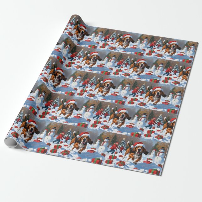 Papel De Presente Treeing Walker Coonhound Neve com Chapéu de Natal (Desenrolado)