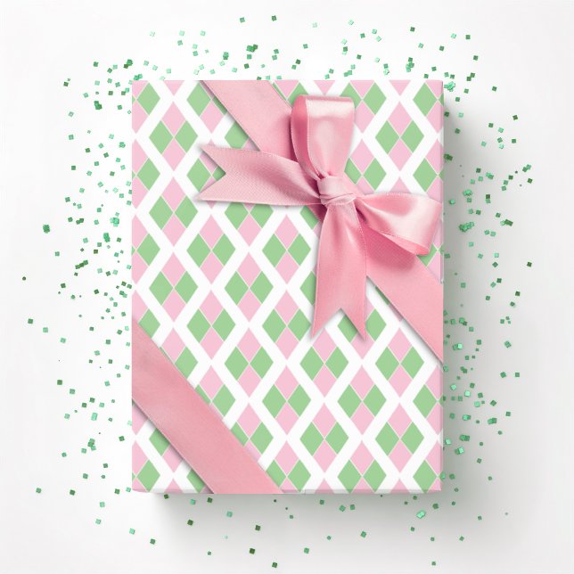 Papel De Presente Treliça Harlequim em Rosa e Verde (Criador carregado)