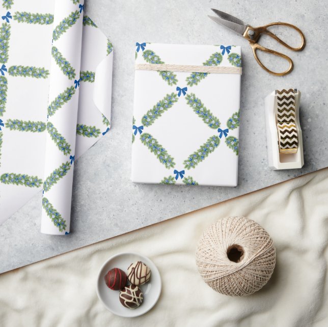 Papel De Presente Trellis de Natal com Laço Azul  (Artesanato)