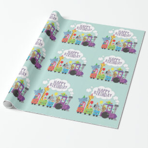 Papel De Presente Trem animal bonito do feliz aniversario