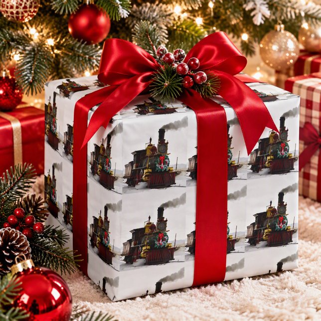 Papel De Presente Trem de Natal Vintage, Férias  (Criador carregado)