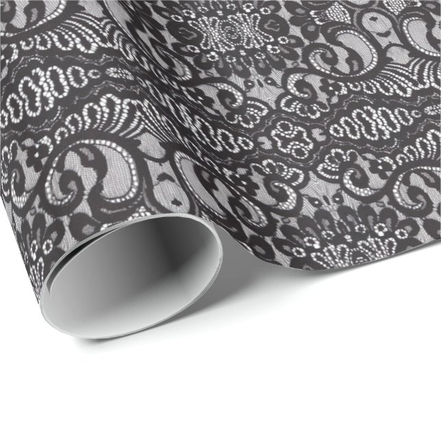 Papel De Presente trendy bohemian girly lace negro parisiense (Ponta do rolo)