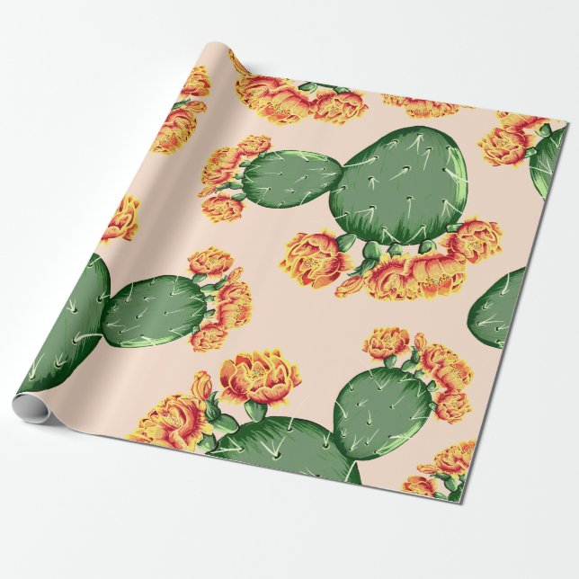 Papel De Presente Trendy Bohemian Prickly Pear Cactus & Flowers (Desenrolado)