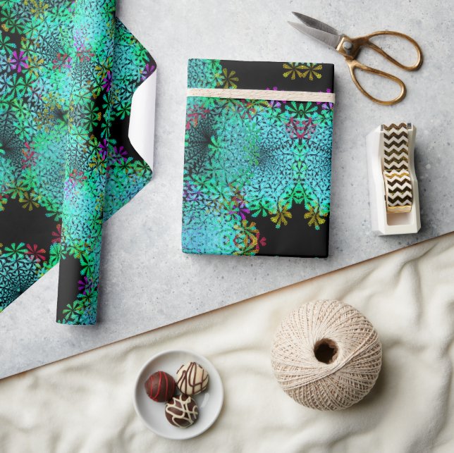 Papel De Presente Trendy Emerald Green Fractal em Preto (Artesanato)