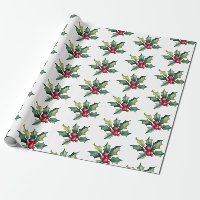 Papel De Presente Trendy Felry Christmas Holly e Berries Patterno (Desenrolado)