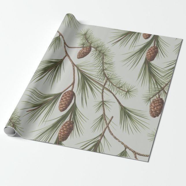Papel De Presente Trendy Merry Christmas Pine Cones and Branches     (Desenrolado)