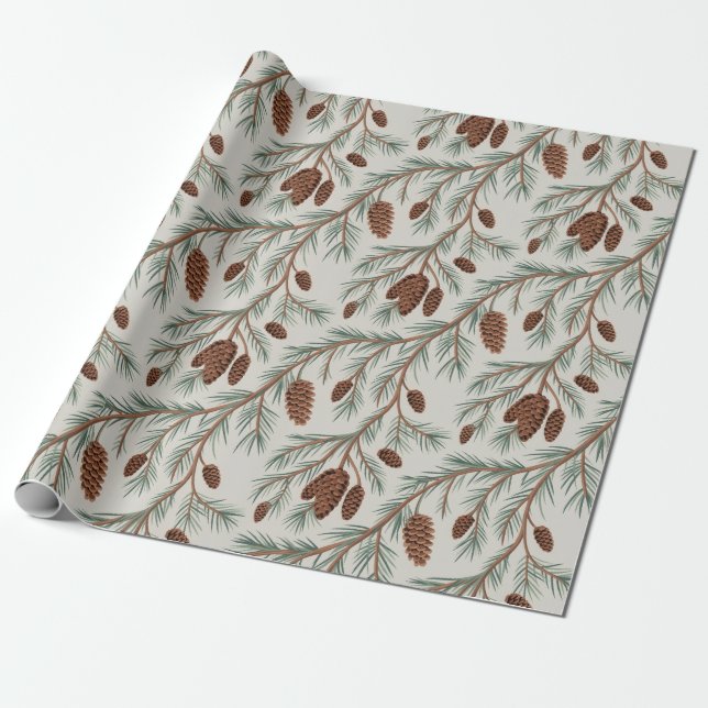Papel De Presente Trendy Merry Christmas Pine Cones and Branches     (Desenrolado)