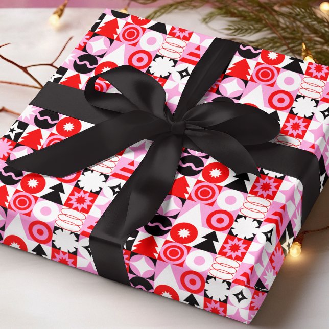 Papel De Presente Trendy Modern Geometric Christmas Pattern Red Pink (Criador carregado)