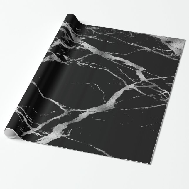 Papel De Presente Trendy Silver Black Marble Glossy (Desenrolado)