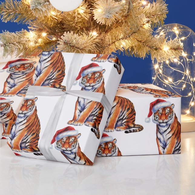 Papel De Presente Trendy Tiger with Santa Hat Christmas (Feriados)