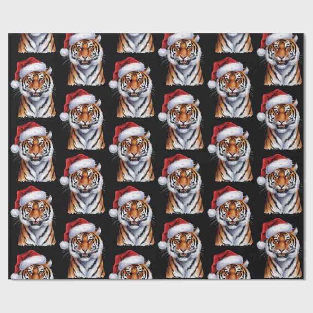 Papel De Presente Trendy Tiger with Santa Hat Christmas Black  (Aberto)