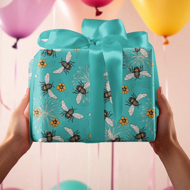 Papel De Presente Trendy Turquoise Buzzing Primavera e Summer Honeyb (Fun Turquoise bees buzzing around Cosmos and Daisy flowers. Perfect paper to have for all occasions!)