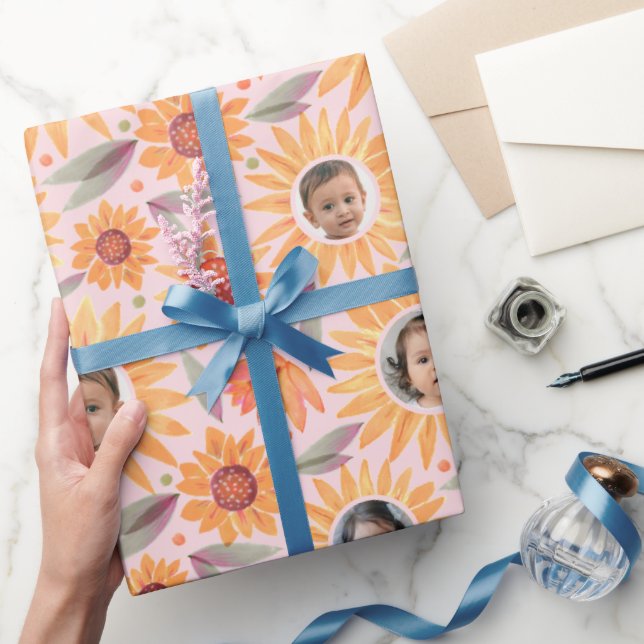 Papel De Presente Trendy Yellow Sunflower Blush Pink 3 Foto (Presentear)