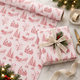 Papel De Presente Trenó de Cavalos de Natal Toile Vintage Vermelho