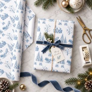 Papel De Presente Trenó de Cavalos Toile de Natal Azul Vintage