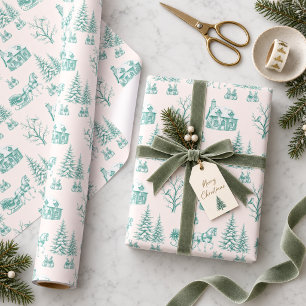 Papel De Presente Trenó de Cavalos Toile de Natal Verde Vintage