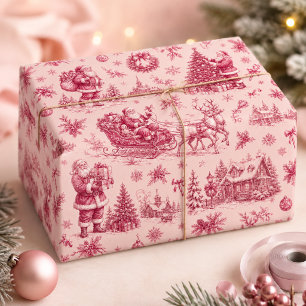 Papel De Presente Trenó de Natal Rosa Vintage do Papai Noel Toile de