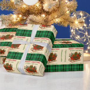 Papel De Presente Trenó de Natal Vintage com Presentes e Xadrez