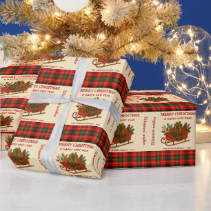 Papel De Presente Trenó de Natal Vintage com Presentes e Xadrez