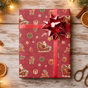 Papel De Presente Treno de Natal Vintage do Papai Noel & Rena Vermel